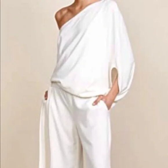 Halston Heritage Gia One Shoulder Wide Legs Jumpsuit Gala Cocktail Soiree - Picture 6 of 9